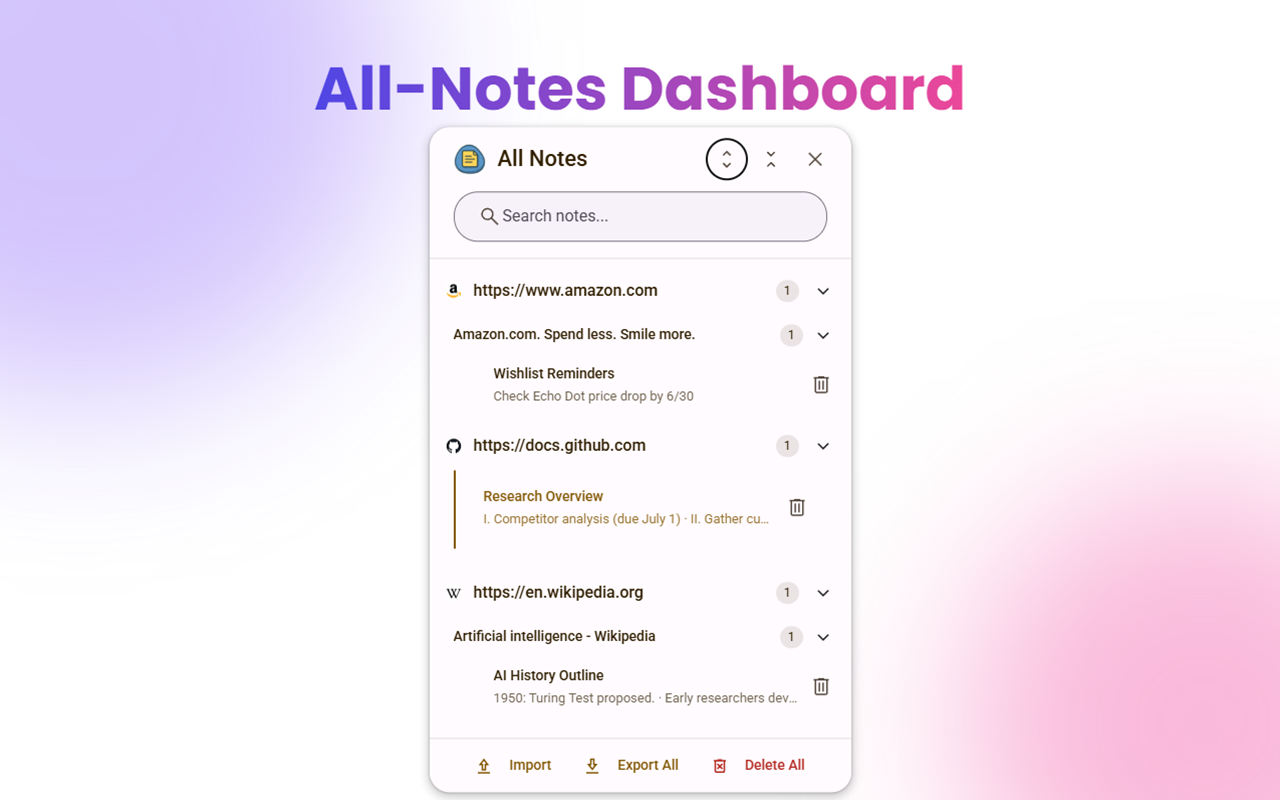 Screenshot of the new All Notes dashboard with search and grouping.