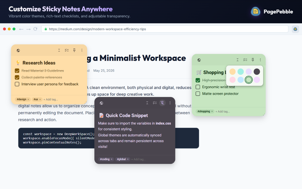 Screenshot showing sticky note themes and checklists.